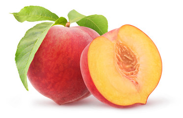 Wall Mural - One whole peach fruit and one half isolated on white background with clipping path