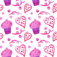 Hand Drawn Watercolor Seamless Pattern Illustration Of Pink Cupcakes With Violet Spots And Hearts, Swirl Isolated On White Background. Romantic Design For Wallpaper, Wrapping, Textile, Wedding, St Val
