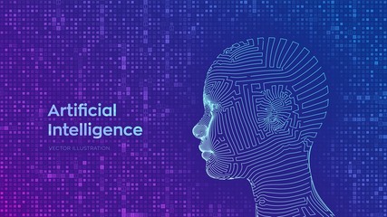 Wall Mural - AI. Artificial intelligence concept. Abstract wireframe digital human face on streaming matrix digital binary code background. Human head in robot digital computer interpretation. Vector illustration.