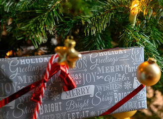 Packed Christmas present and decoration with a christmas tree in the background.