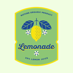 Wall Mural - Lemonade label. Lemonade drink emblem. Lemon logo. Yellow lemon with leaves and flowers on a green label.