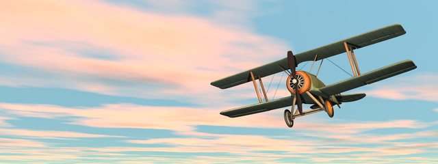Wall Mural - Old retro biplane flying in the sky - 3D render