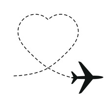 Airplane Path. Plane  Travel Heart Route. Heart Path Vector Icon