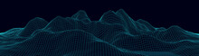 Vector Wireframe 3d Landscape. Technology Grid Illustration. Network Of Connected Dots And Lines On Black Background.