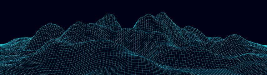 Fototapete - Vector wireframe 3d landscape. Technology grid illustration. Network of connected dots and lines on black background.