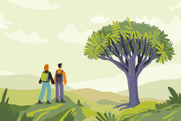 Aufkleber - Vector illustration in flat simple style - tourists and landscape - characters with backpacks hiking - travel concept  and adventure tourism