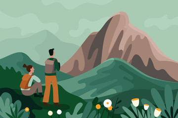 Aufkleber - Vector illustration in flat simple style - tourists and landscape - characters with backpacks hiking - travel concept  and adventure tourism