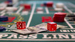casino craps table with chips, cash, and dice