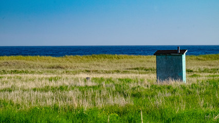 An outhouse or accessory building in the middle of a grassy marsh. The green building has a black roof. The ocean and blue sky are in the background.