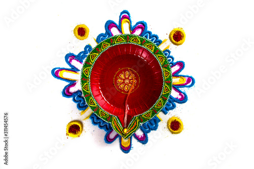 Clay Diya Lamp Lit During Diwali Festival Clay Diya On Rangoli Happy Diwali Greetings Card Design Indian Hindu Festival Of Lights Called Diwali Buy This Stock Photo And Explore Similar Images