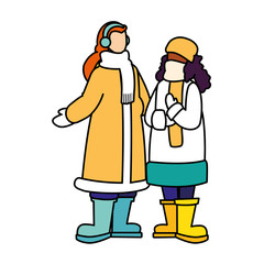 Sticker - women standing with winter clothes on white background