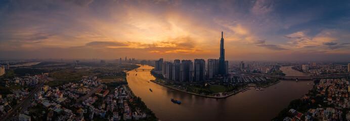 Ho Chi Minh City, Vietnam November 09/2019 Ho Chi Minh City skyline in sunset look from District 2