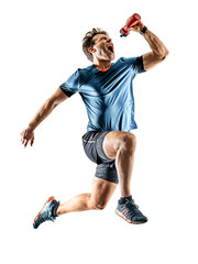 Wall Mural - one caucasian runner running jogger jogger young man in studio isolated on white background