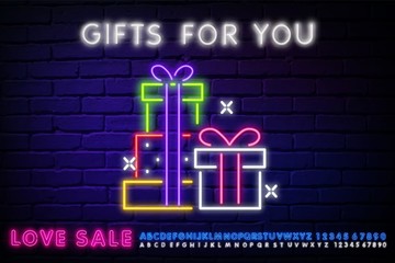 Several gift boxes neon sign. Holiday advertisement design. Gift neon sign, Win super prize design template, modern trend design, night neon signboard, night bright advertising, light banner