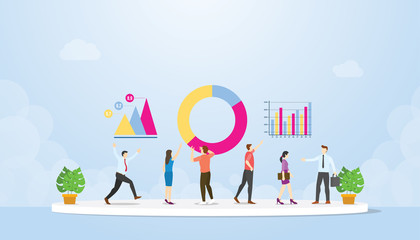 Poster - data analysis with team and people evaluate analyze information together with modern flat style - vector