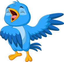 Cartoon Blue Bird Singing On White Background