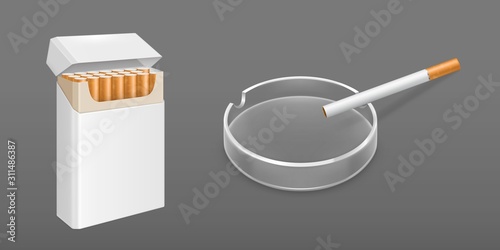 Download Pack Of Cigarettes And Ashtray Vector Realistic Mockup Of Open White Paper Package With Golden Foil And One Cigarette With Filter On Empty Ashtray Isolated On Gray Background Stock Vector Adobe