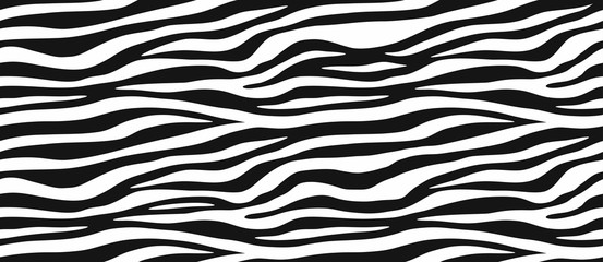 Wall Mural - Zebra skin, stripes pattern. Animal print, black and white detailed and realistic texture. Monochrome seamless background. Vector illustration 