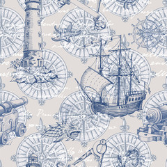 Old caravel, vintage sailboat, sea monster, old lighthouse. Vector seamless pattern. Monochrome hand drawn sketch. Vector seamless pattern for boy.