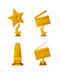Wall Mural - gold trophy cups or prizes, movie and music awards vector. star and clapperboard, metronome and radi