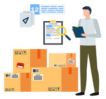 Business With China Worker Researching Near Cardboard Packages. International Logistic Service Man Courier Standing Near Goods. Paper Report, Loupe Symbol And Transportation Cargo Object Vector