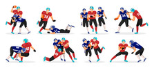 Collection Of People Playing American Football. Set Of Different Players Pose In Rough Kind Sport Game. American Football Players In Action. Professional Athletes Running With Ball In Hands