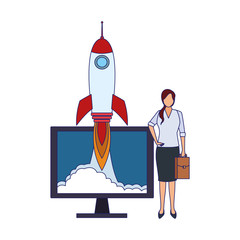 Sticker - businesswoman with computer and rocket, colorful design