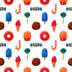 Wall Mural - cute candy seamless pattern. sweets desserts isolated on white background for cafe or restaurant. illustration. vector.