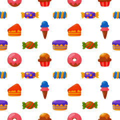 Wall Mural - cute candy seamless pattern. sweets desserts isolated on white background for cafe or restaurant. illustration. vector.