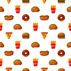 Wall Mural - seamless pattern cute funny fast food kawaii style icons isolated on white background. illustration vector.  