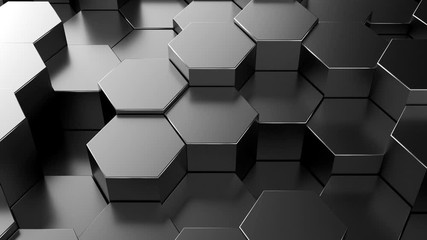 Poster - Seamless looping abstract background made of black metal hexagons of different height. Technology Sci-Fi concept. 3d rendering.