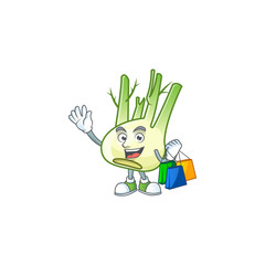 Sticker - Cheerful fennel mascot waving and holding Shopping bags