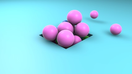 Poster - 3D rendering of a blue surface and a perfectly square, cubic-shaped hole. The balls fly to the surface. Abstract, futuristic Wallpaper and screensaver for your computer desktop and smartphone.
