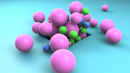 Poster - 3D rendering of many colored balls randomly flying out of a square hole on a blue surface. Abstract composition, nice design for Wallpapers, desktop screensavers. Idea for geometric compositions.