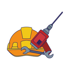 Wall Mural - safety helmet with drill and wrench tool, colorful design