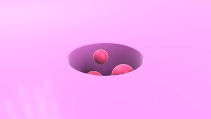 Poster - 3D rendering of pink surface and perfectly round, cylindrical shape, hole. Many spheres fly out to the surface. Abstract, futuristic Wallpaper and screensaver for your computer desktop and smartphone.