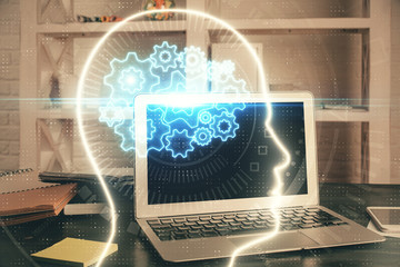 Aufkleber - Double exposure of work table with computer and brain sketch hologram. Brainstorming concept.