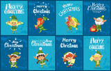 Fototapeta Pokój dzieciecy - Merry christmas greeting cards set. Collection of calligraphic inscriptions with elves xmas creatures and santa claus helpers with presents. Children with bag of sweets. Vector in flat style