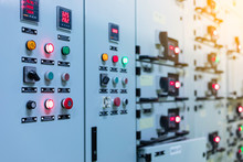 Electrical Switch Gear At Low Voltage Motor Control Center Cabinet  In Coal Power Plant. Blurred For Background.