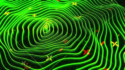 Poster - Concentric green rings moving on the black screen background. Animation. Abstract radar or sonar program, wavy neon texture, seamless loop.