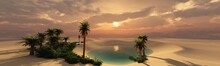 Oasis At Sunset In A Sandy Desert, A Panorama Of The Desert With Palm Trees, 3d Rendering