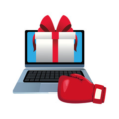 Poster - laptop computer with gift box and boxing glove, colorful design