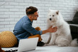 © JustLife - Young businessman working on lap top and petting his dog. Man playing with his dog.
