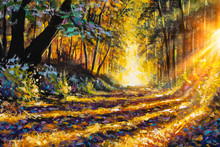 Walk In Sunny Sunlight Forest Woods Painting. Pleasant Weather. Sun Rays Play In The Branches Of Trees.