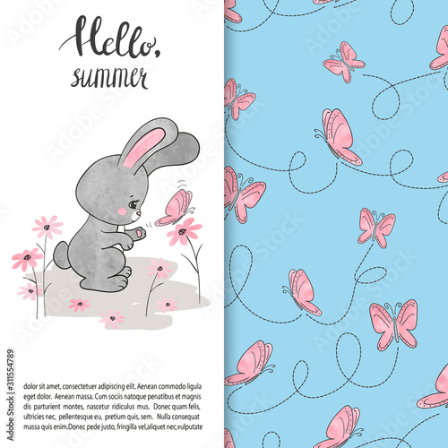 Cute cartoon bunny with butterfly pattern. Baby print.