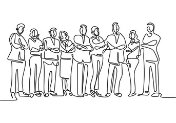 Wall Mural - one line drawing of business team standing together. Continuous workers hand drawn sketch minimalist.