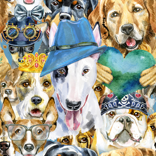 Plakat na zamówienie Watercolor seamless pattern of dogs on white background