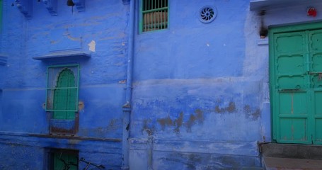 Wall Mural - Exterior of blue painted house in famous Jodhpur the Blue City. Jodhpur, Rajasthan, India.