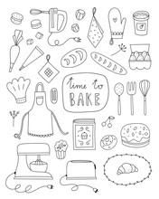 Baking Vector Illustrations On White Background. Hand Drawn Outline Set With Kitchen Equipment, Food And Ingredients For Cooking