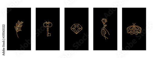 Fotomural Set Black and Gold stories highlights covers With a butterfly, diamond, twig, hand holding a rose and key
